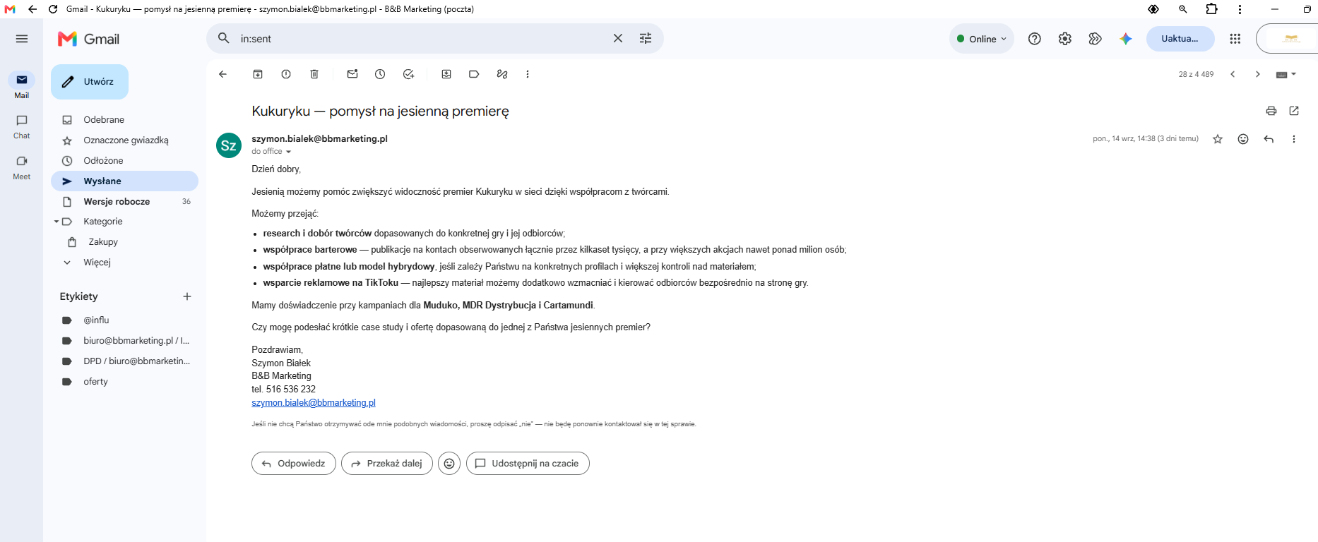 Wiadomość wysłana przez BB Email Agent widoczna w Gmailu